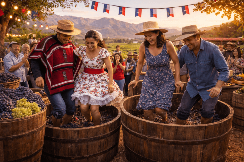 pessoas pisando nas uvas durante a vendimia no chile